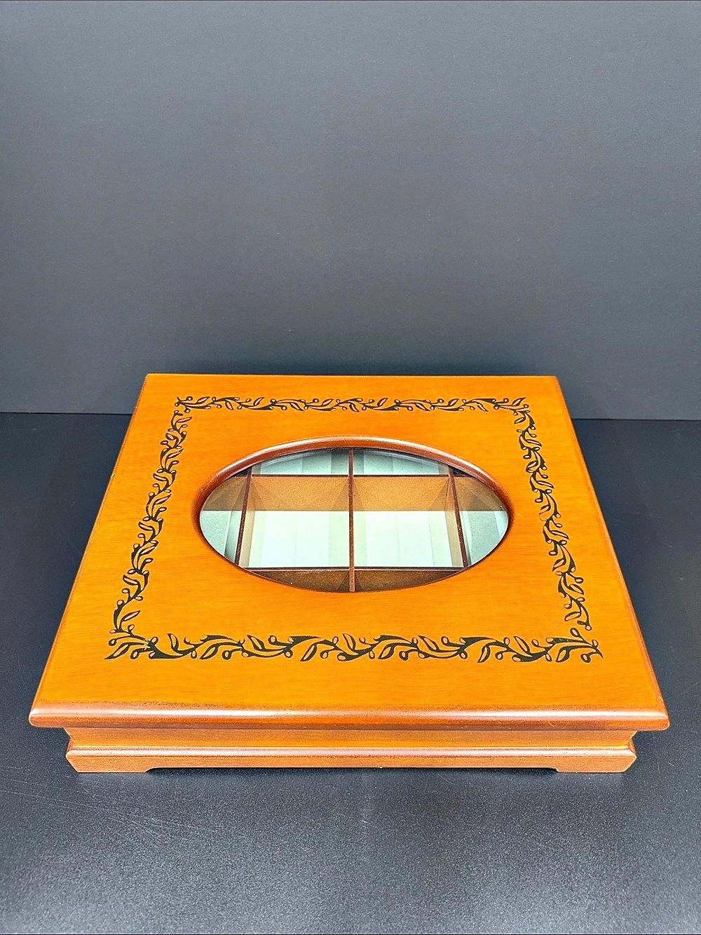 Wood Jewelry Display Box Glass Top 12 Compartments Cherry Finish 12.75”